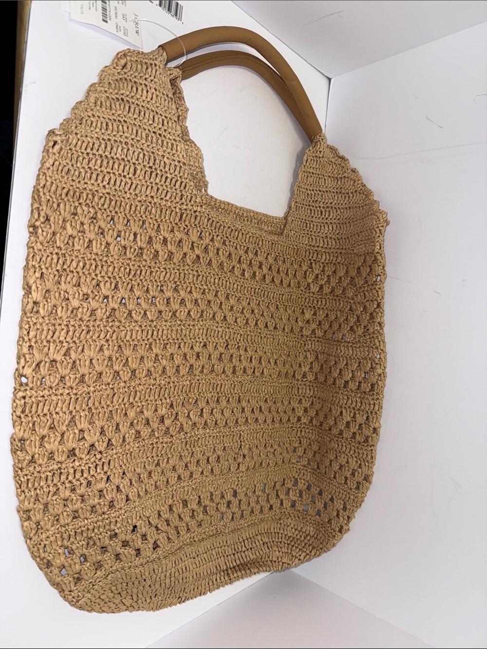 J. Crew Factory Tan Crochet Tote with Leather-Style Handles
